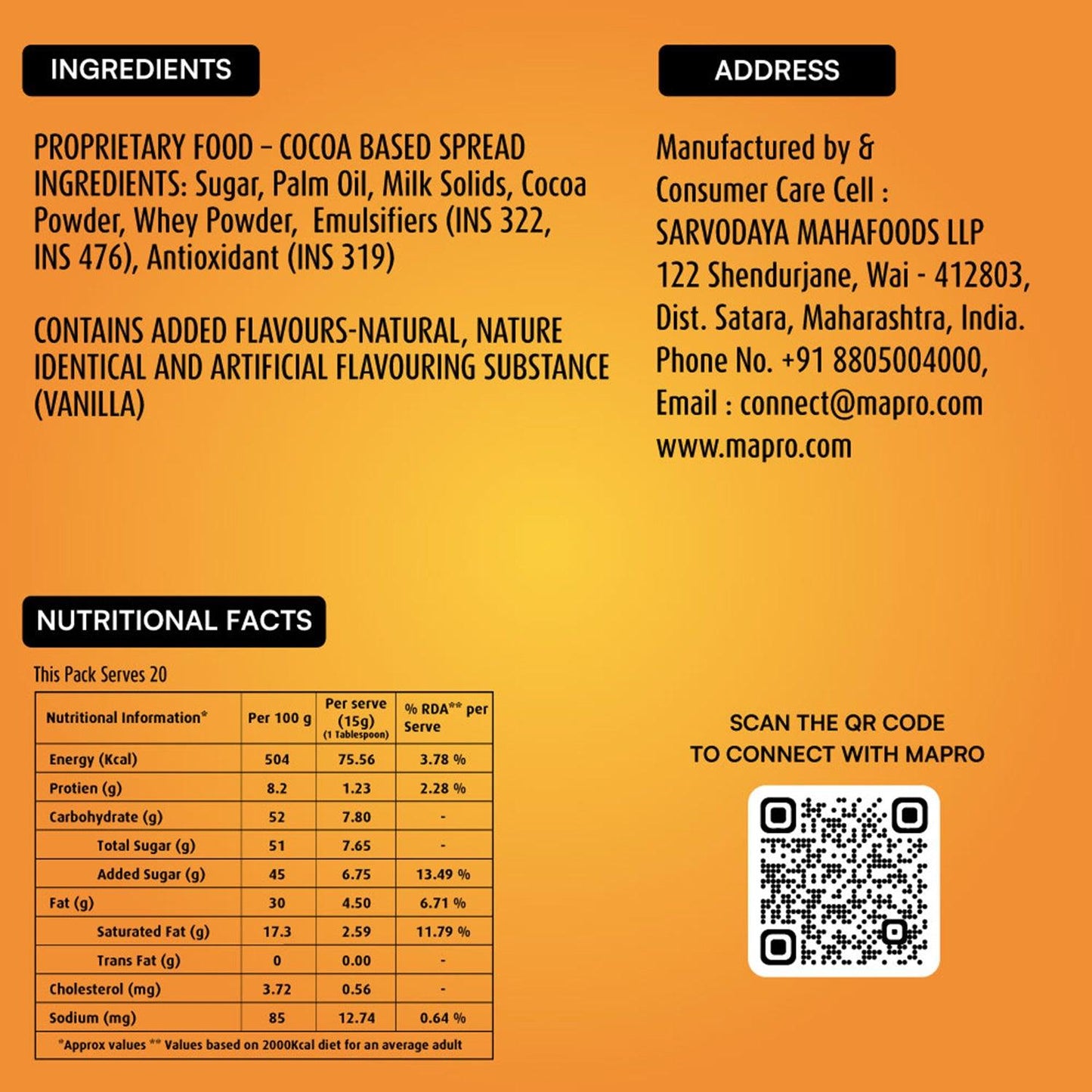 ingredients of mapro Chocolate Spread