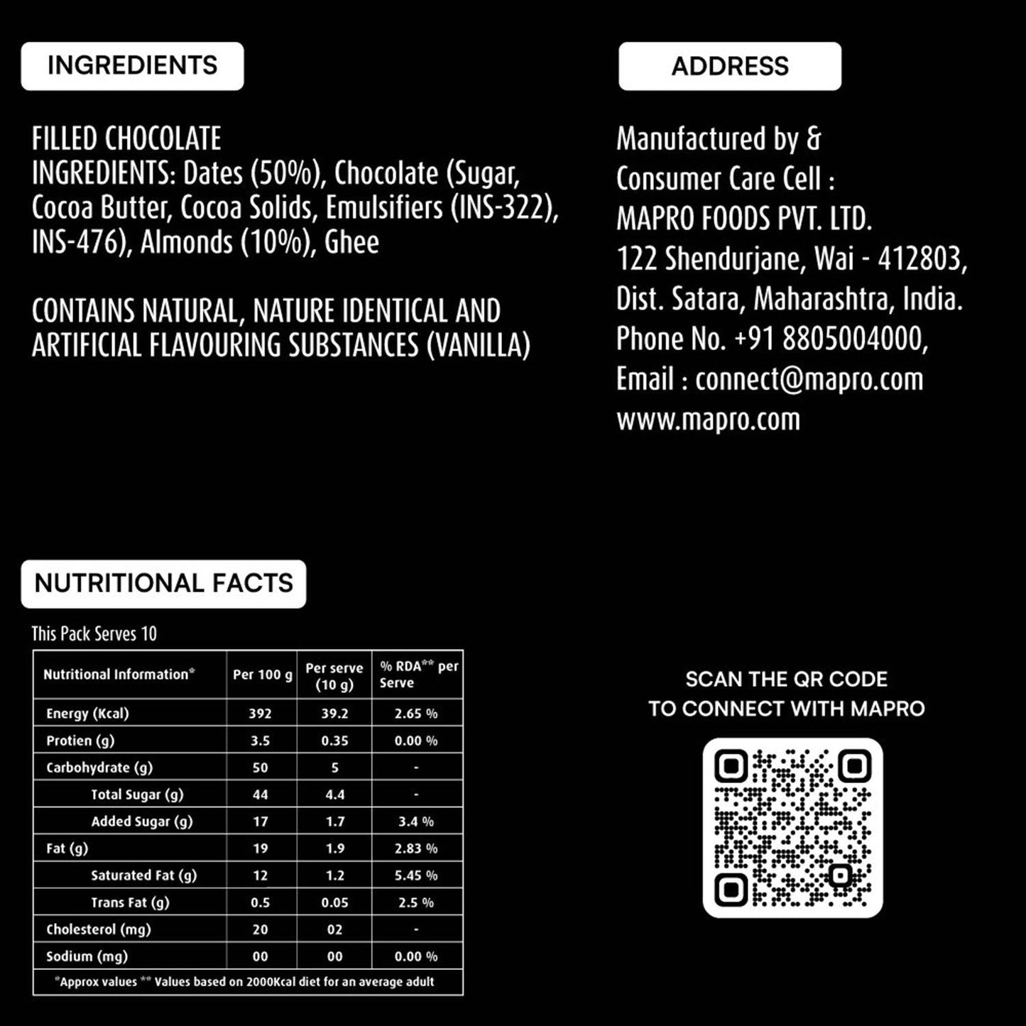 ingredients of mapro Chocolate Almond Dates