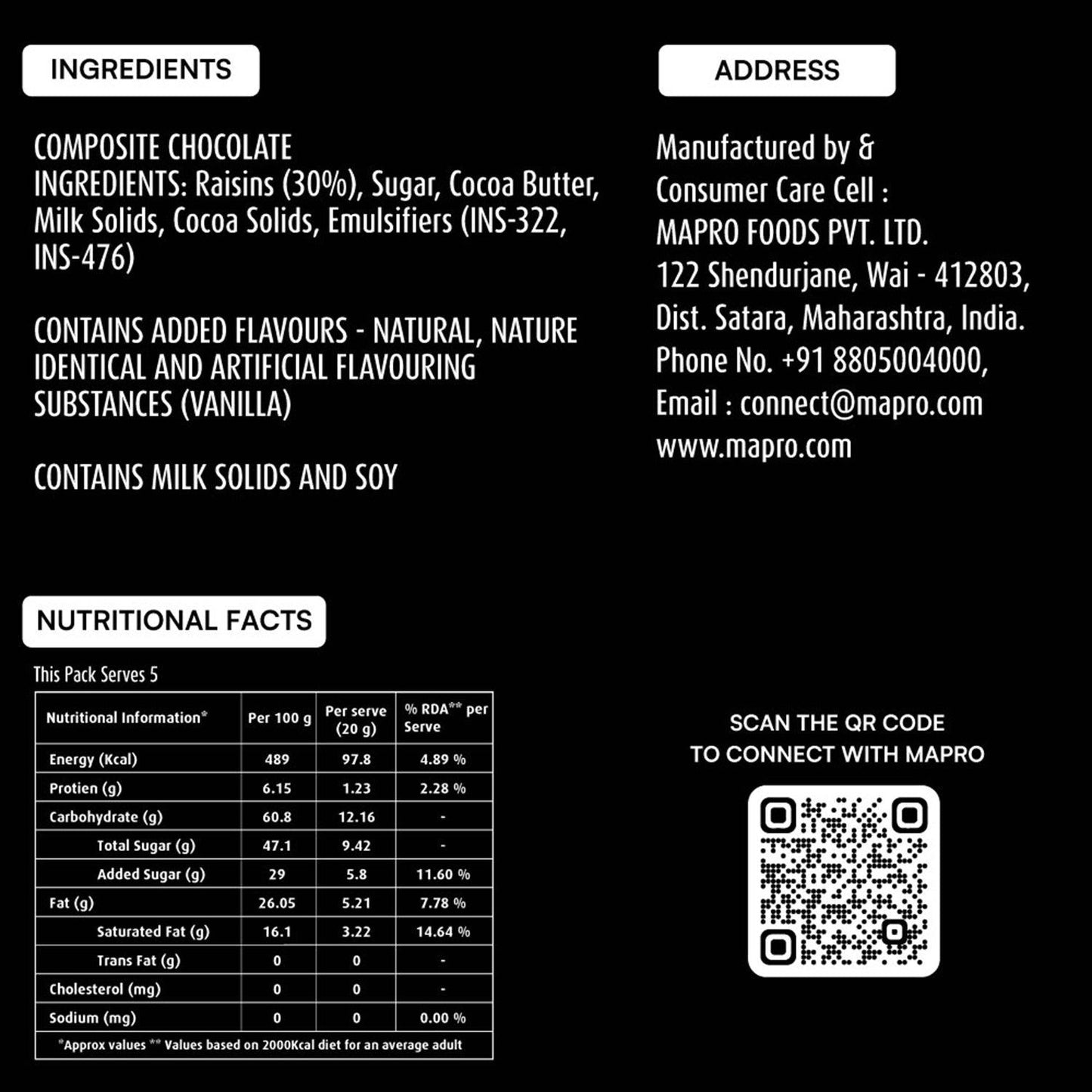 ingredients of mapro Whole Raisins Coated with Fine Milk Chocolate