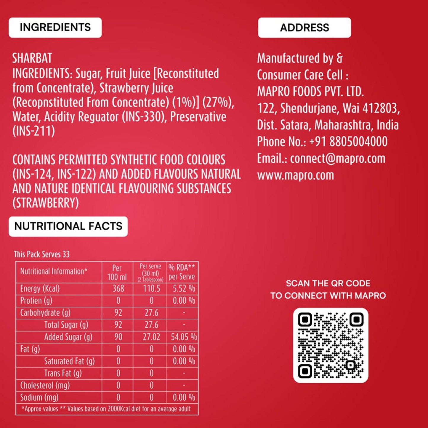 ingredients of mapro Strawberry Syrup