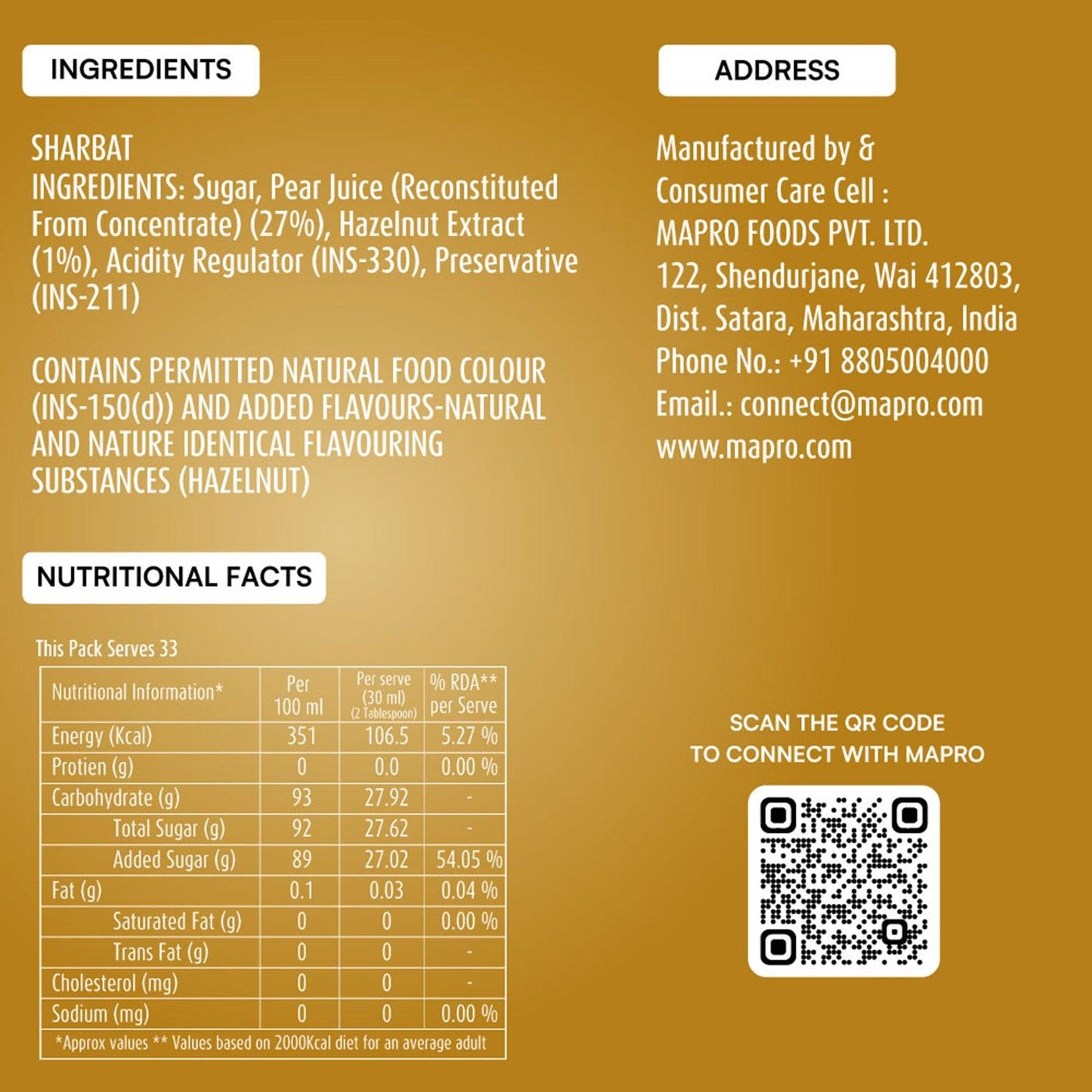 ingredients of mapro Hazelnut Syrup