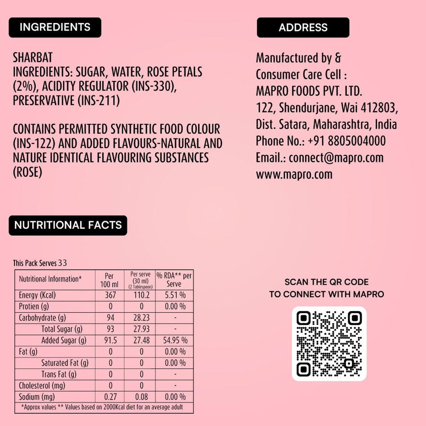 ingredients of mapro Rose Sharbat