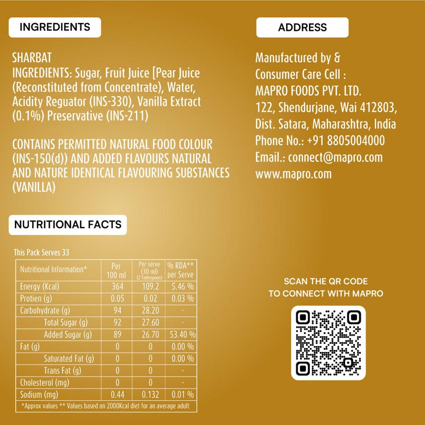 ingredients of mapro Vanilla Syrup
