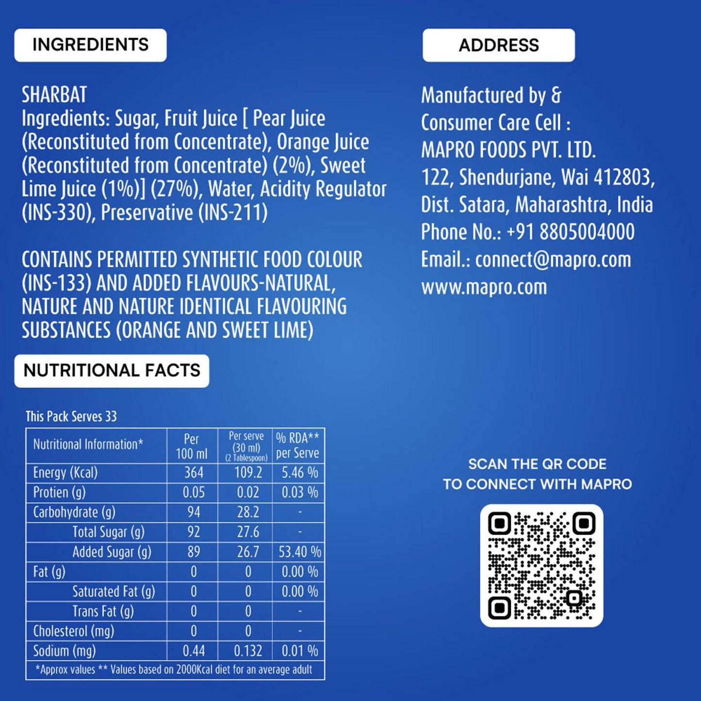 ingredients of mapro Blue Curacao Syrup  